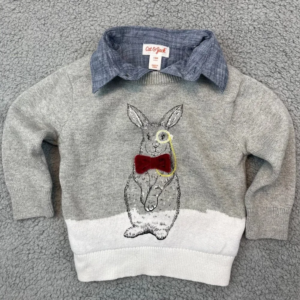 Cat & Jack Bunny Rabbit Easter Sweater Collared Baby Size 12 Months Grey Blue